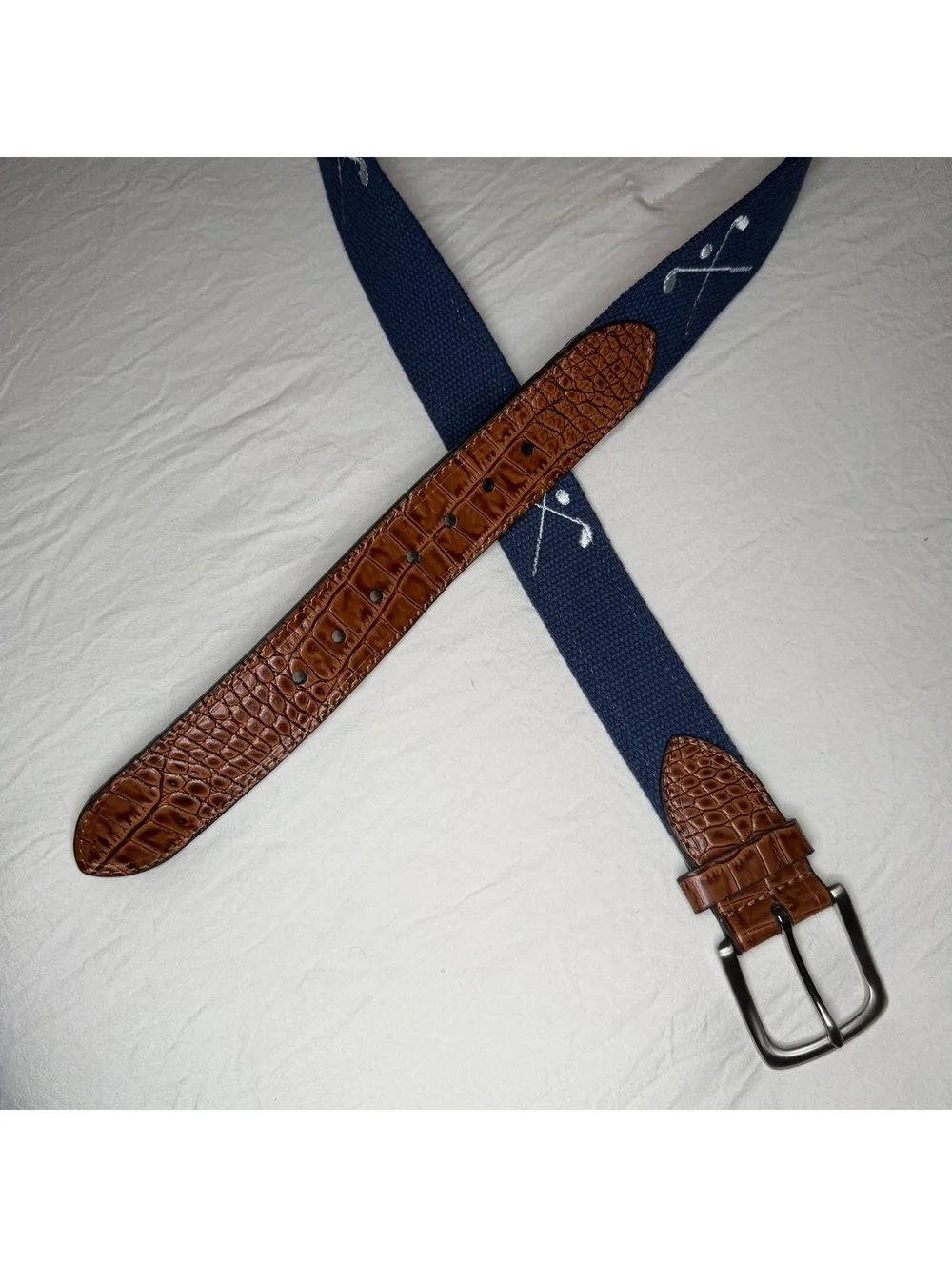 Greg Norman Mens 38 Crossed Golf Clubs Webbed Croc Embossed Leather Belt Navy
